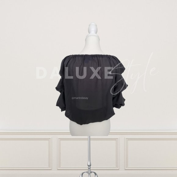 Black Ruffle  / Flutter Sleeve Blouse - Picture 2 of 3